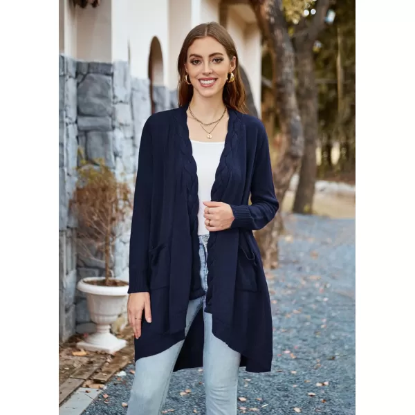 GRACE KARIN Women Long Cardigan Sweater Open Applique Front Cable Knitted Outfit with Patch Pockets Irregular HemDark Blue