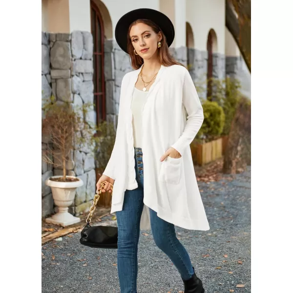 GRACE KARIN Women Long Cardigan Sweater Open Applique Front Cable Knitted Outfit with Patch Pockets Irregular HemWhite