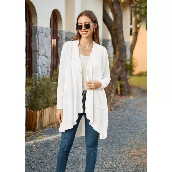 GRACE KARIN Women Long Cardigan Sweater Open Applique Front Cable Knitted Outfit with Patch Pockets Irregular HemWhite