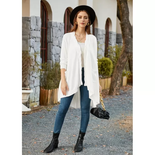 GRACE KARIN Women Long Cardigan Sweater Open Applique Front Cable Knitted Outfit with Patch Pockets Irregular HemWhite
