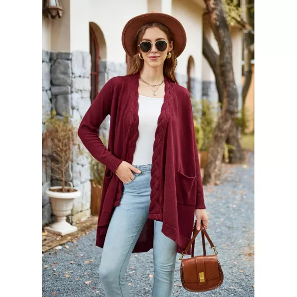 GRACE KARIN Women Long Cardigan Sweater Open Applique Front Cable Knitted Outfit with Patch Pockets Irregular HemWine Red