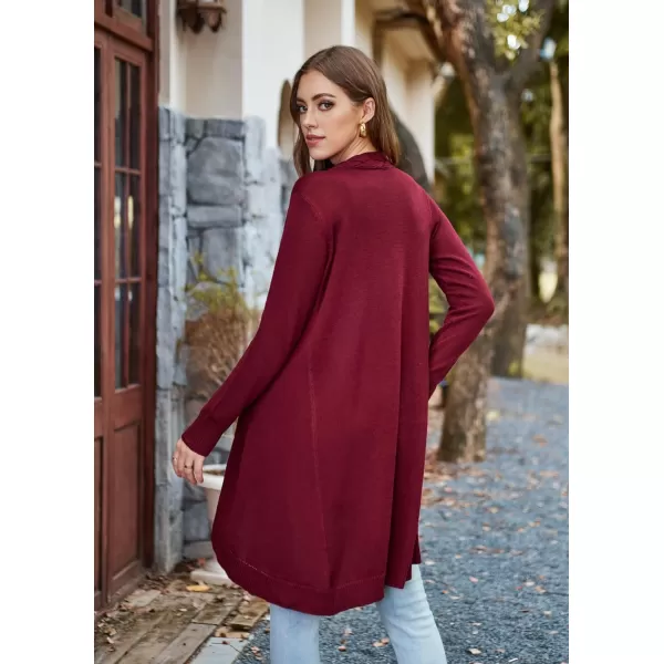 GRACE KARIN Women Long Cardigan Sweater Open Applique Front Cable Knitted Outfit with Patch Pockets Irregular HemWine Red