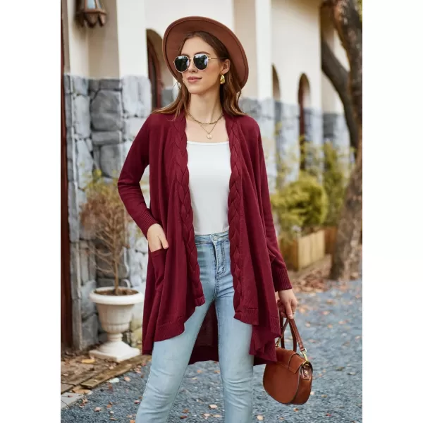 GRACE KARIN Women Long Cardigan Sweater Open Applique Front Cable Knitted Outfit with Patch Pockets Irregular HemWine Red