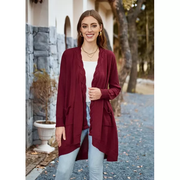 GRACE KARIN Women Long Cardigan Sweater Open Applique Front Cable Knitted Outfit with Patch Pockets Irregular HemWine Red