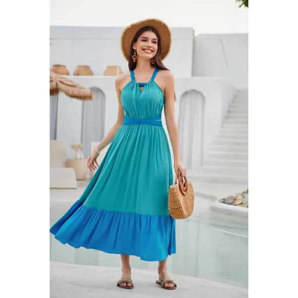 GRACE KARIN Women Patchwork Aline Dress 2024 Casual Summer Vacation Halter V Neck Cross Back Max DressBlue Green