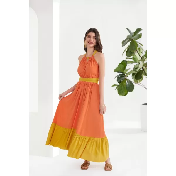 GRACE KARIN Women Patchwork Aline Dress 2024 Casual Summer Vacation Halter V Neck Cross Back Max DressOrange
