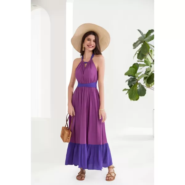 GRACE KARIN Women Patchwork Aline Dress 2024 Casual Summer Vacation Halter V Neck Cross Back Max DressRose Purple