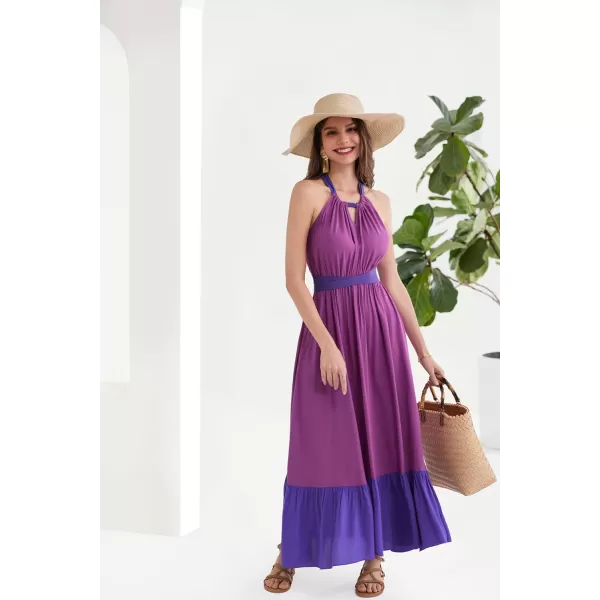 GRACE KARIN Women Patchwork Aline Dress 2024 Casual Summer Vacation Halter V Neck Cross Back Max DressRose Purple