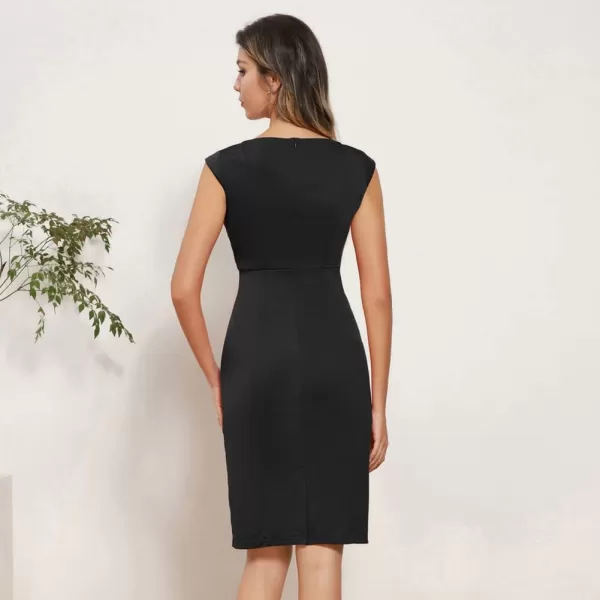 GRACE KARIN Women Ruched Bodycon Dress Cap Sleeve VNeck Knee Length Work DressBlack