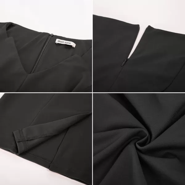 GRACE KARIN Women Ruched Bodycon Dress Cap Sleeve VNeck Knee Length Work DressBlack