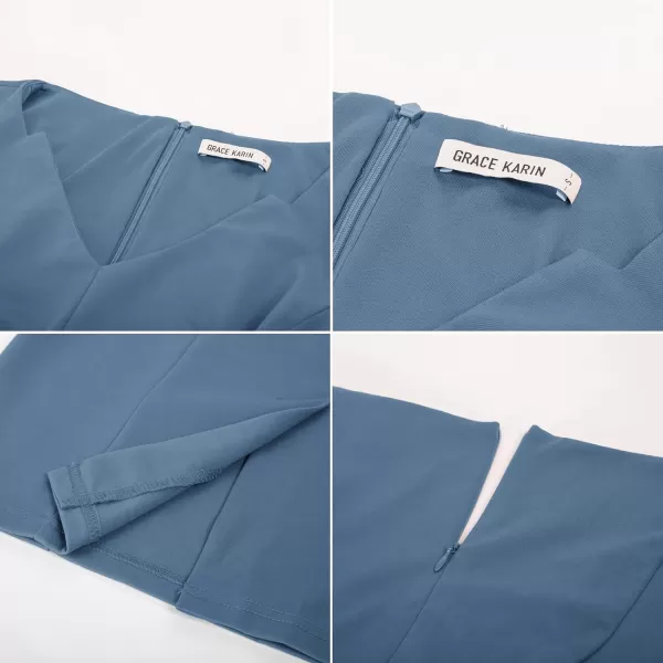 GRACE KARIN Women Ruched Bodycon Dress Cap Sleeve VNeck Knee Length Work DressBlue