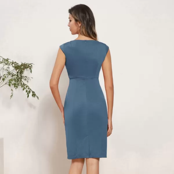 GRACE KARIN Women Ruched Bodycon Dress Cap Sleeve VNeck Knee Length Work DressBlue