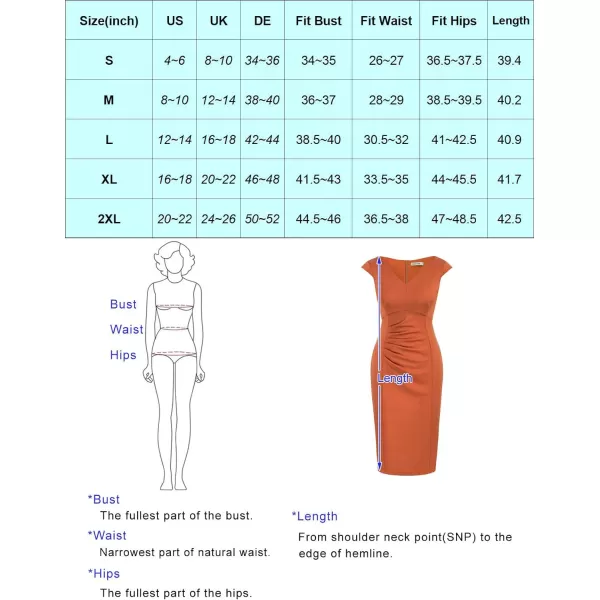 GRACE KARIN Women Ruched Bodycon Dress Cap Sleeve VNeck Knee Length Work DressDark Orange