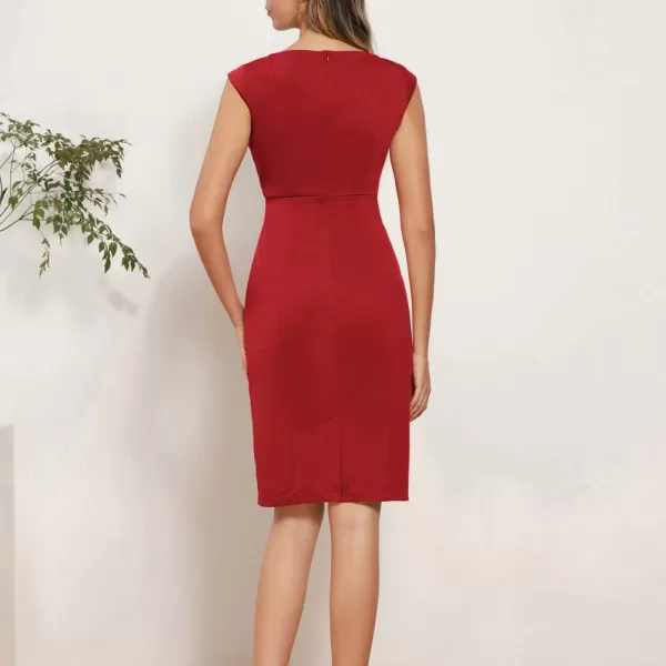 GRACE KARIN Women Ruched Bodycon Dress Cap Sleeve VNeck Knee Length Work DressRed