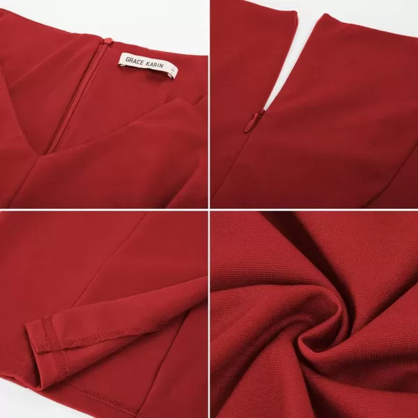 GRACE KARIN Women Ruched Bodycon Dress Cap Sleeve VNeck Knee Length Work DressRed
