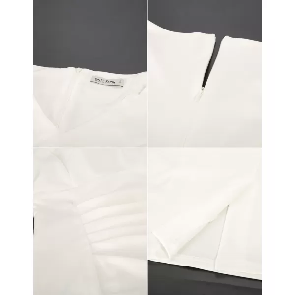 GRACE KARIN Women Ruched Bodycon Dress Cap Sleeve VNeck Knee Length Work DressWhite