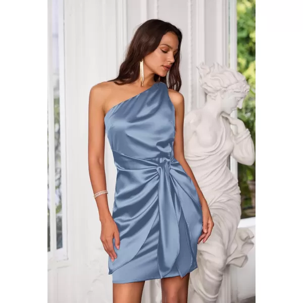 GRACE KARIN Women Satin Dress Cocktail One Shoulder Sleeveless Bodycon Tie Waist Party Mini DressesGray Blue