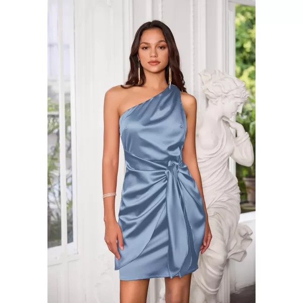 GRACE KARIN Women Satin Dress Cocktail One Shoulder Sleeveless Bodycon Tie Waist Party Mini DressesGray Blue