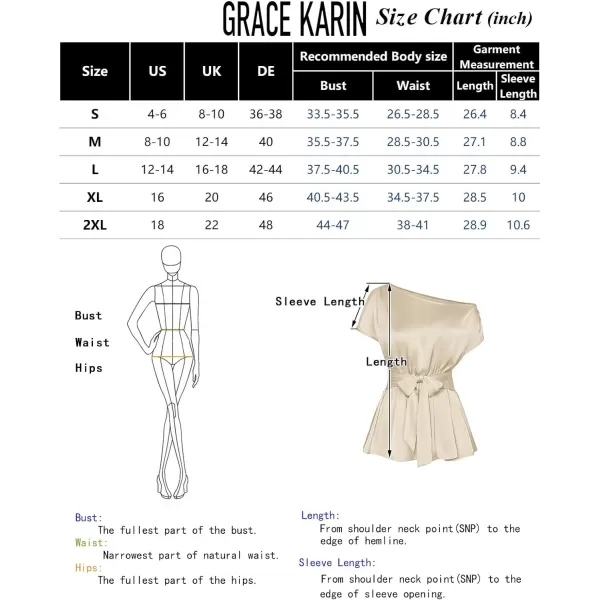 GRACE KARIN Women Satin Silk Tops Short Sleeve One Off Shoulder Shirt Elastic Waist Party Blouses with BeltApricot