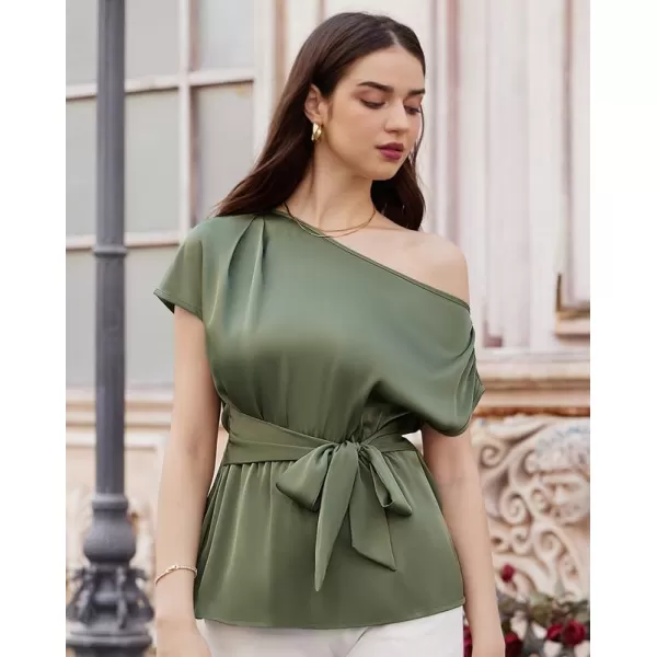 GRACE KARIN Women Satin Silk Tops Short Sleeve One Off Shoulder Shirt Elastic Waist Party Blouses with BeltArmy Green