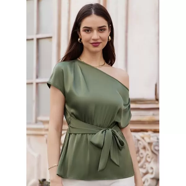 GRACE KARIN Women Satin Silk Tops Short Sleeve One Off Shoulder Shirt Elastic Waist Party Blouses with BeltArmy Green