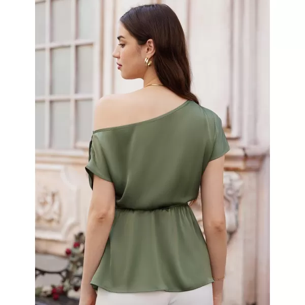 GRACE KARIN Women Satin Silk Tops Short Sleeve One Off Shoulder Shirt Elastic Waist Party Blouses with BeltArmy Green