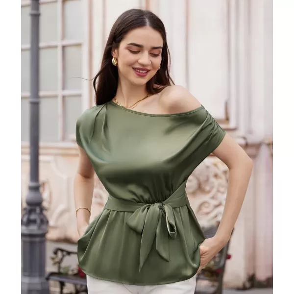 GRACE KARIN Women Satin Silk Tops Short Sleeve One Off Shoulder Shirt Elastic Waist Party Blouses with BeltArmy Green