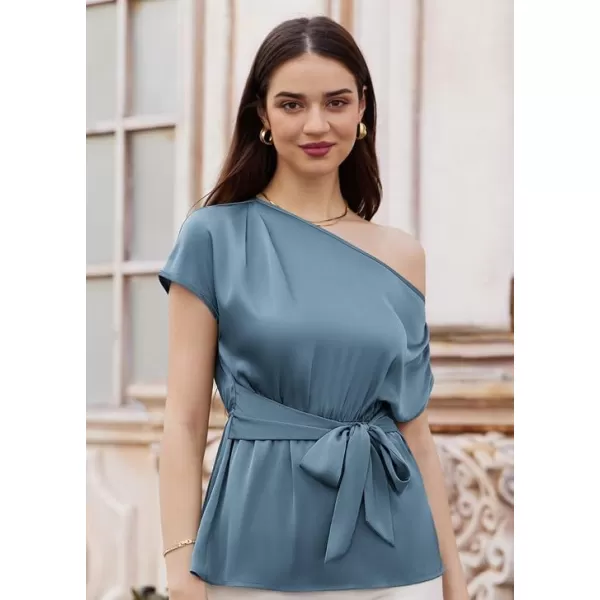 GRACE KARIN Women Satin Silk Tops Short Sleeve One Off Shoulder Shirt Elastic Waist Party Blouses with BeltBlue Grey