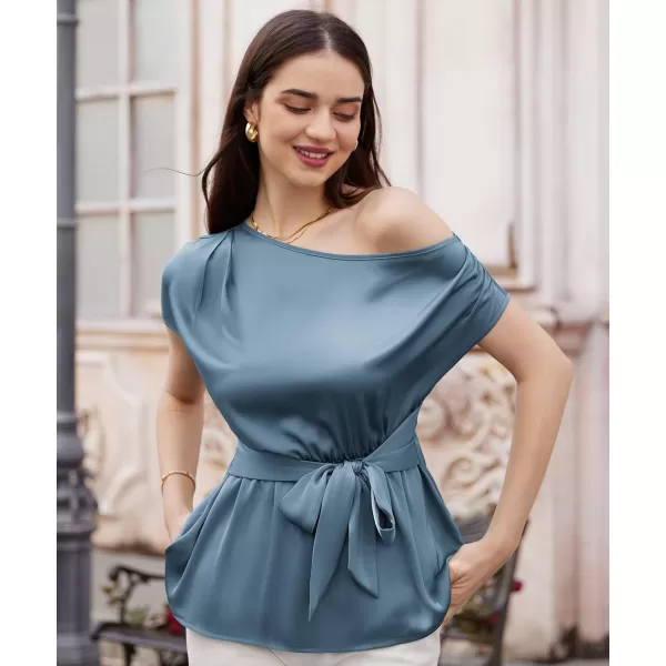 GRACE KARIN Women Satin Silk Tops Short Sleeve One Off Shoulder Shirt Elastic Waist Party Blouses with BeltBlue Grey