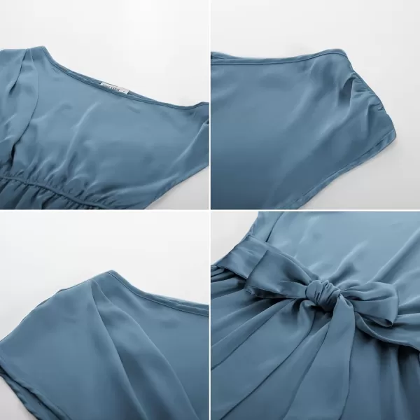GRACE KARIN Women Satin Silk Tops Short Sleeve One Off Shoulder Shirt Elastic Waist Party Blouses with BeltBlue Grey