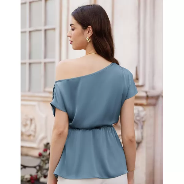 GRACE KARIN Women Satin Silk Tops Short Sleeve One Off Shoulder Shirt Elastic Waist Party Blouses with BeltBlue Grey