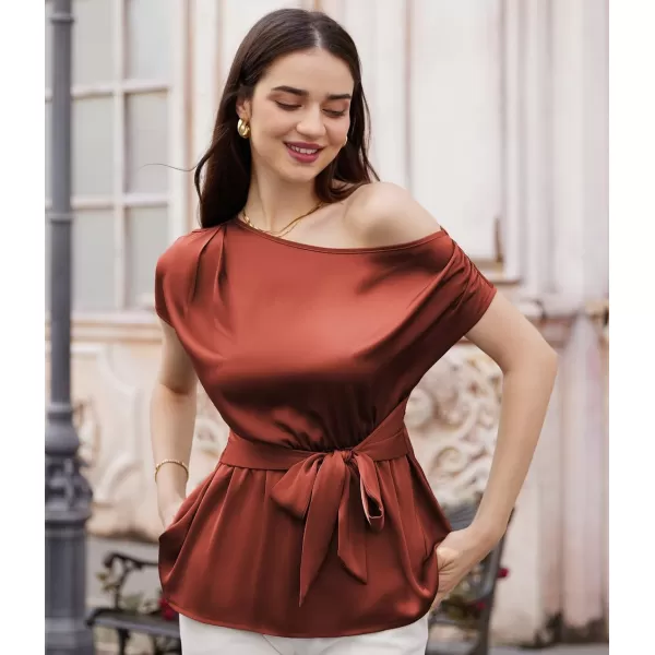 GRACE KARIN Women Satin Silk Tops Short Sleeve One Off Shoulder Shirt Elastic Waist Party Blouses with BeltMaroon