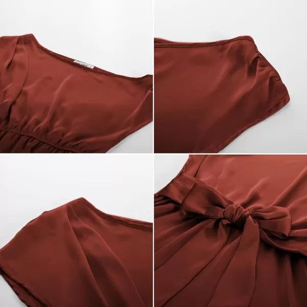 GRACE KARIN Women Satin Silk Tops Short Sleeve One Off Shoulder Shirt Elastic Waist Party Blouses with BeltMaroon