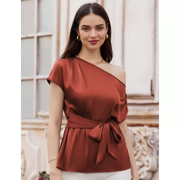 GRACE KARIN Women Satin Silk Tops Short Sleeve One Off Shoulder Shirt Elastic Waist Party Blouses with BeltMaroon