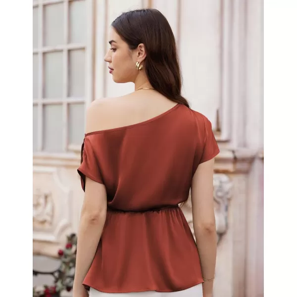 GRACE KARIN Women Satin Silk Tops Short Sleeve One Off Shoulder Shirt Elastic Waist Party Blouses with BeltMaroon