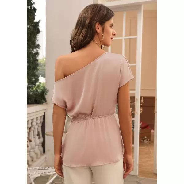 GRACE KARIN Women Satin Silk Tops Short Sleeve One Off Shoulder Shirt Elastic Waist Party Blouses with BeltPink