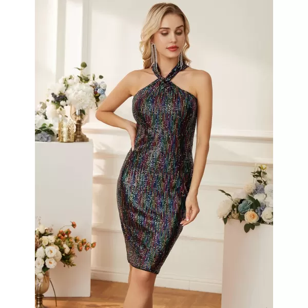 GRACE KARIN Women Sequin Dress Sleeveless Sparkly Glitter Halter Dress Bodycon Mini Club DressesColorful Blacksequin