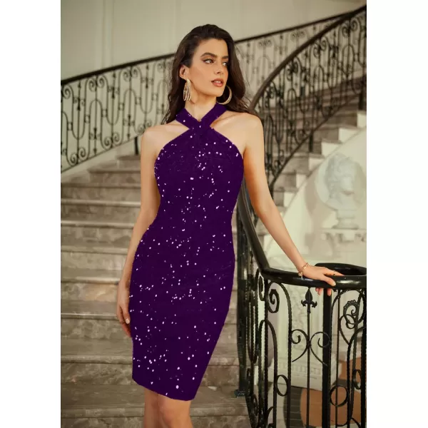 GRACE KARIN Women Sequin Dress Sleeveless Sparkly Glitter Halter Dress Bodycon Mini Club DressesPurplevelvet Sequin