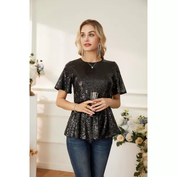 GRACE KARIN Women Sequin Party Cocktails Tops Short Sleeve Crew Neck Elastic Tie Waist Peplum BlousesBlack