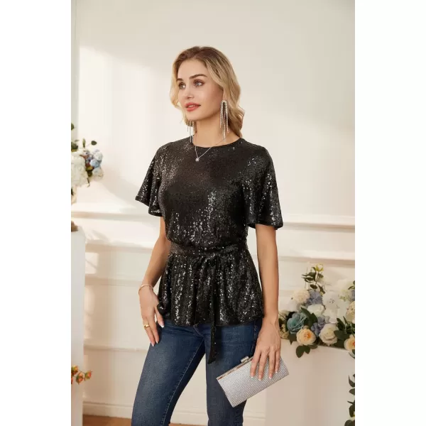 GRACE KARIN Women Sequin Party Cocktails Tops Short Sleeve Crew Neck Elastic Tie Waist Peplum BlousesBlack