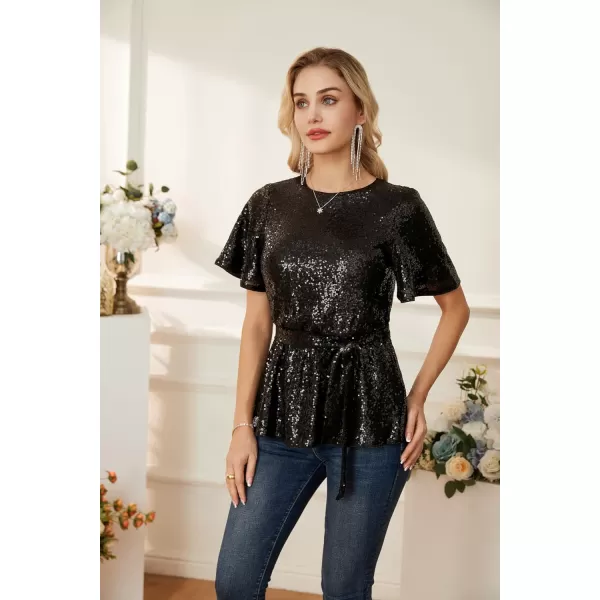 GRACE KARIN Women Sequin Party Cocktails Tops Short Sleeve Crew Neck Elastic Tie Waist Peplum BlousesBlack