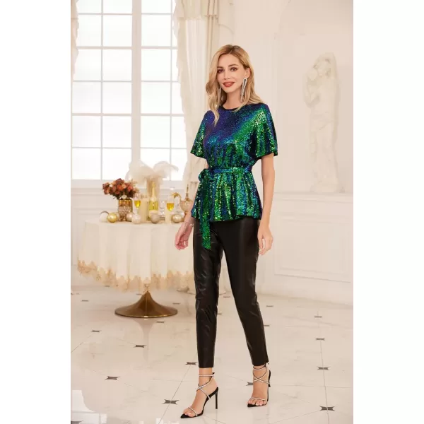 GRACE KARIN Women Sequin Party Cocktails Tops Short Sleeve Crew Neck Elastic Tie Waist Peplum BlousesBlue Green