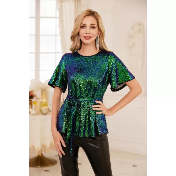 GRACE KARIN Women Sequin Party Cocktails Tops Short Sleeve Crew Neck Elastic Tie Waist Peplum BlousesBlue Green