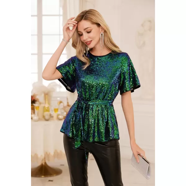 GRACE KARIN Women Sequin Party Cocktails Tops Short Sleeve Crew Neck Elastic Tie Waist Peplum BlousesBlue Green