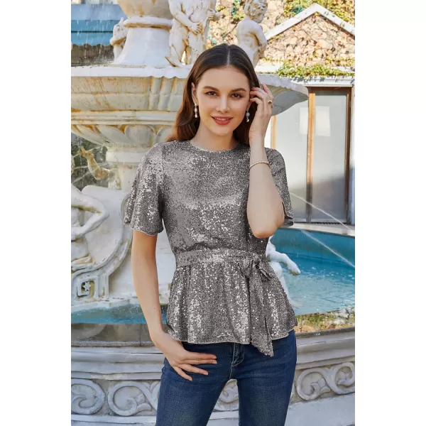 GRACE KARIN Women Sequin Party Cocktails Tops Short Sleeve Crew Neck Elastic Tie Waist Peplum BlousesDark Grey