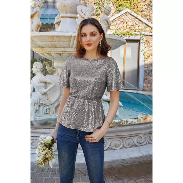 GRACE KARIN Women Sequin Party Cocktails Tops Short Sleeve Crew Neck Elastic Tie Waist Peplum BlousesDark Grey