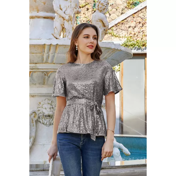 GRACE KARIN Women Sequin Party Cocktails Tops Short Sleeve Crew Neck Elastic Tie Waist Peplum BlousesDark Grey