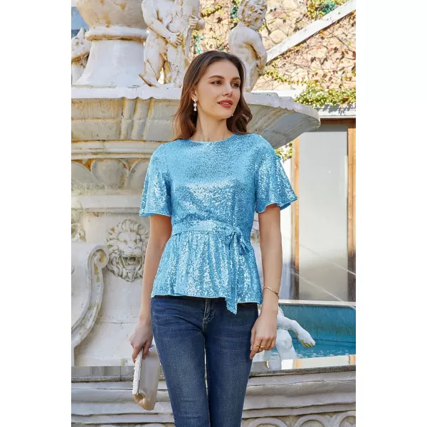 GRACE KARIN Women Sequin Party Cocktails Tops Short Sleeve Crew Neck Elastic Tie Waist Peplum BlousesGlacier Blue