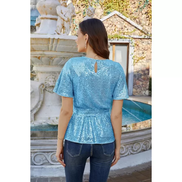 GRACE KARIN Women Sequin Party Cocktails Tops Short Sleeve Crew Neck Elastic Tie Waist Peplum BlousesGlacier Blue