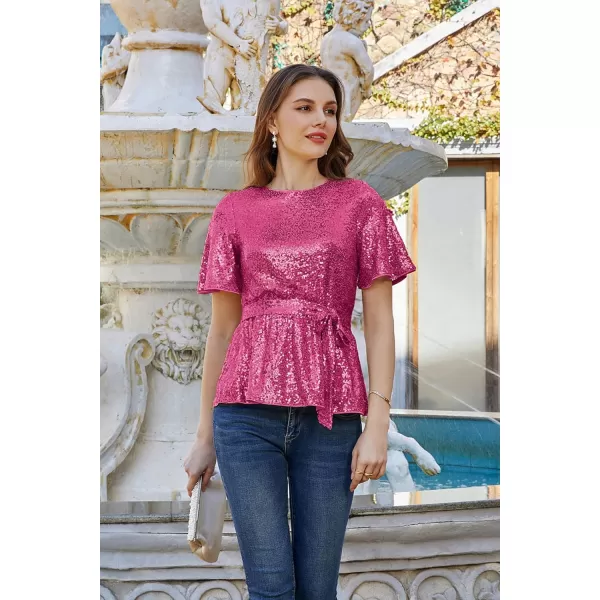 GRACE KARIN Women Sequin Party Cocktails Tops Short Sleeve Crew Neck Elastic Tie Waist Peplum BlousesHot Pink